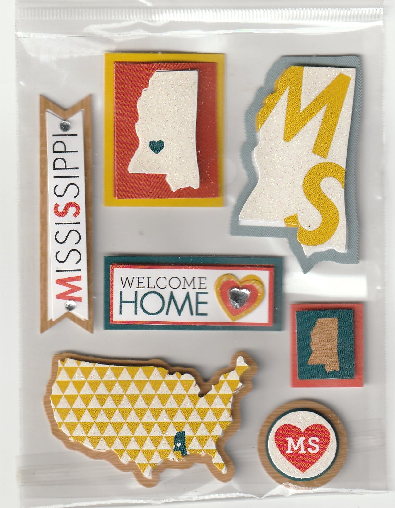 State Mississippi 3D Scrapbook Stickers Sheet I Love MS