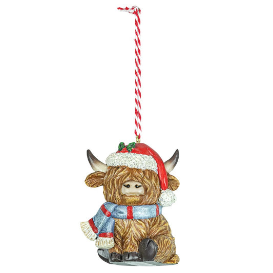 Holiday Highland Cow Resin Ornament Blue Scarf
