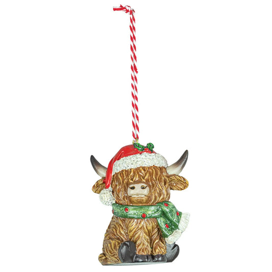 Highland Cow Holiday Ornament with Green Scarf