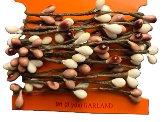 Neutral Brown and Cream Berry Ribbon Wired Garland Decor - 9 Feet