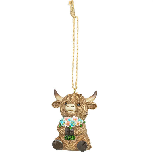 Highland Cow Spring Ornament with Blue Flowers