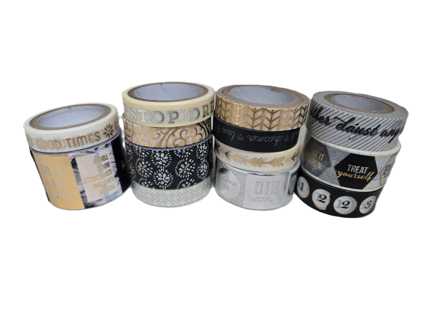 Inspirational Black White Gold Foiled Washi Tape Assortment Set - 13 Spools