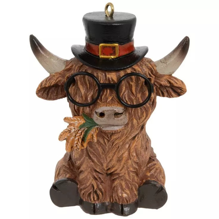 Highland Cow Top Hat Resin Ornament with Fall Wheat