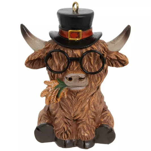 Highland Cow Top Hat Resin Ornament with Fall Wheat