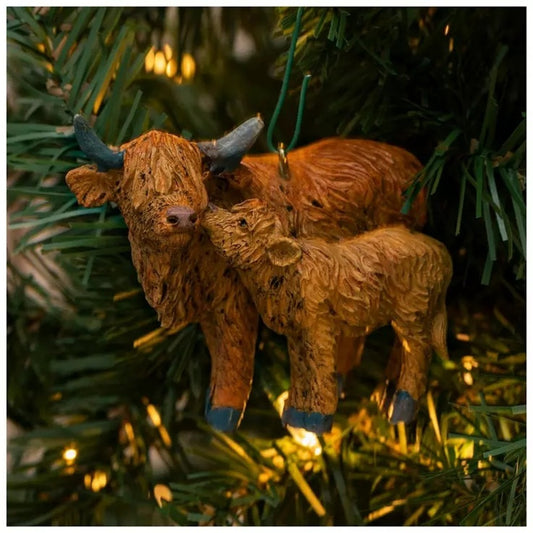 Highland Cow and Calf Resin Ornament
