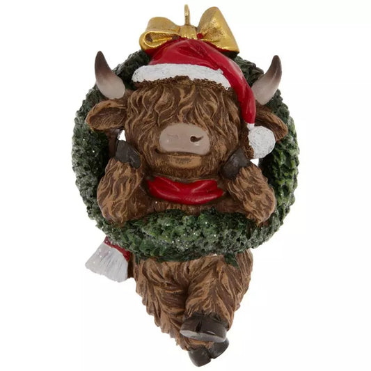 Highland Cow Santa Hat With Wreath Resin Ornament
