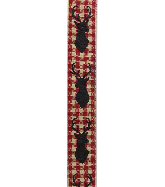 Deer Head Buck Red & White Plaid Ribbon 7/8In x 9 feet