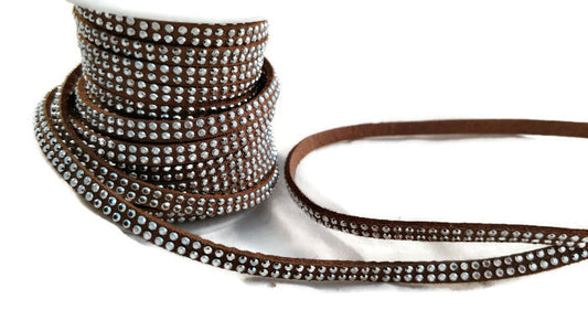Brown Jewelry Cord with Silvery Acrylic Rhinestones - 2 Yards