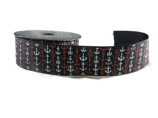 Anchor Ribbon - Navy Blue Red/White 1.5 Inch Wide - 3 Yards