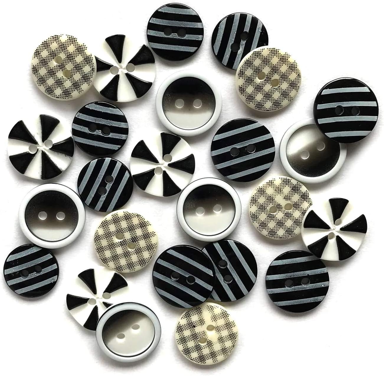 Black Patterned Optical Illusion Buttons Set - 20 Pieces