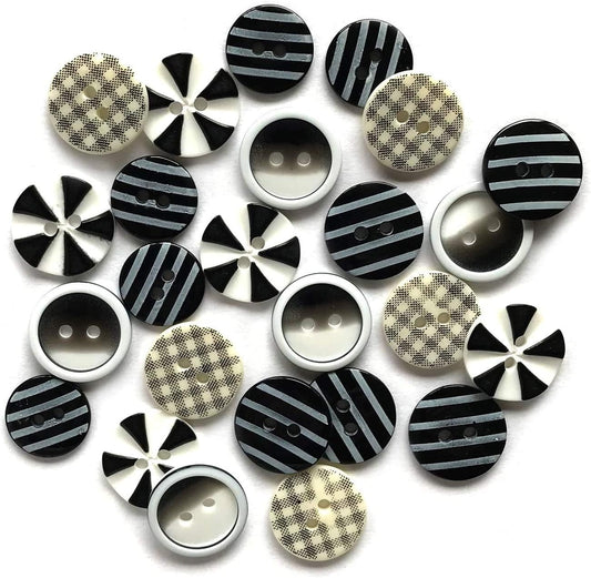 Black Patterned Optical Illusion Buttons Set - 20 Pieces
