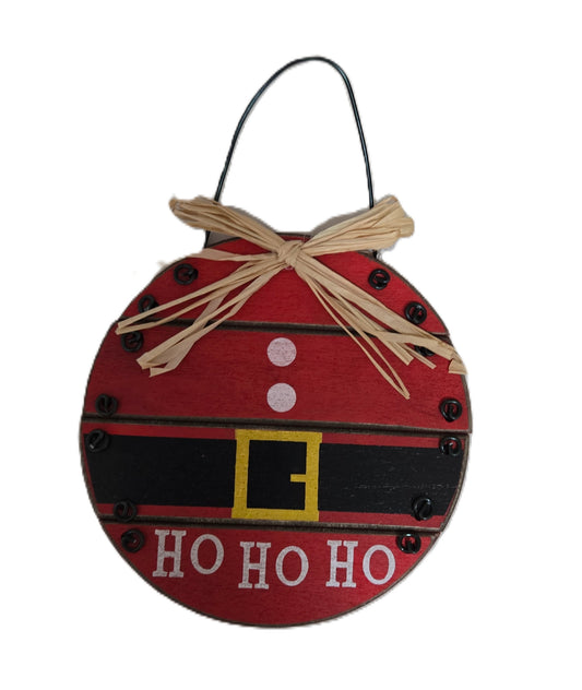 Ho Ho Ho Wood Round Santas Belt Ornament