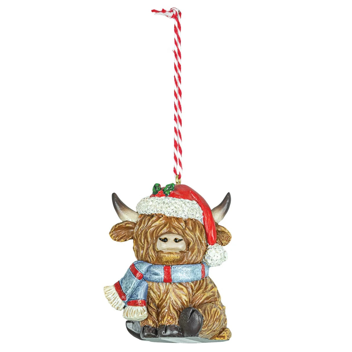 Holiday Highland Cow Resin Ornament Blue Scarf