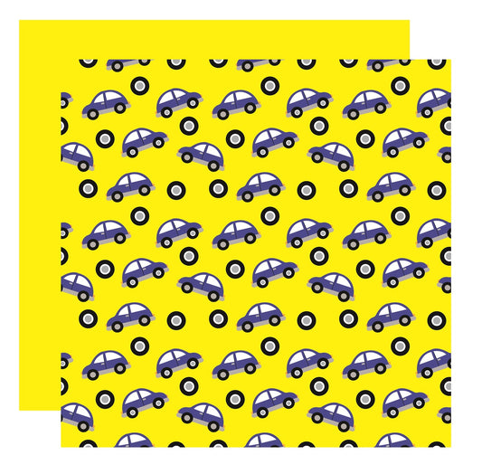 Blue Cars on Yellow Scrapbook Paper