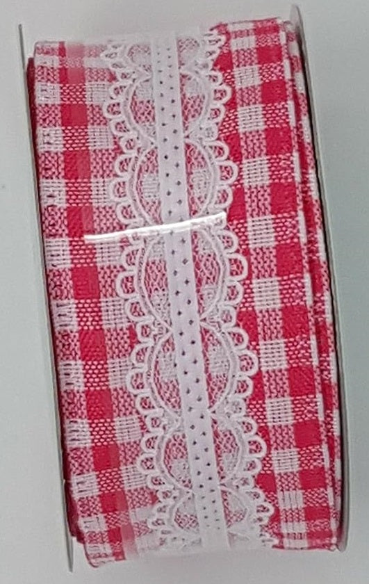 Hot Pink and White Checkered with Lace Center Wired Ribbon – Country ...