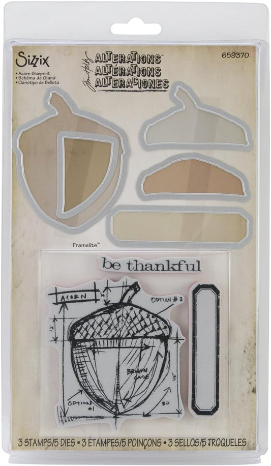 Sizzix tim Holtz Acorn Blueprints Stamps and Dies Set