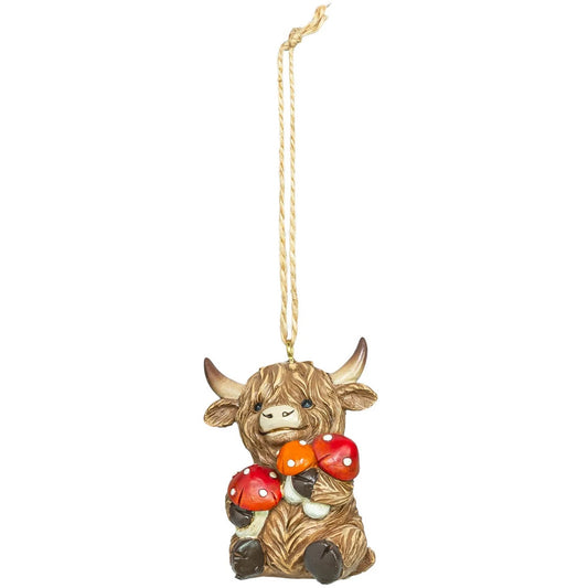 Spring Highland Cow Resin Ornament with Mushrooms