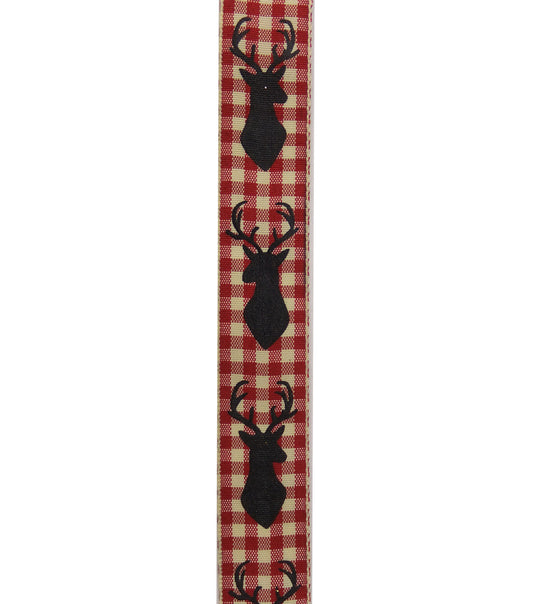 Deer Head Buck Red & White Plaid Ribbon 7/8In x 9 feet