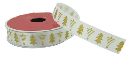 Satin Gold Glitter Christmas Trees on White Ribbon – Country Croppers