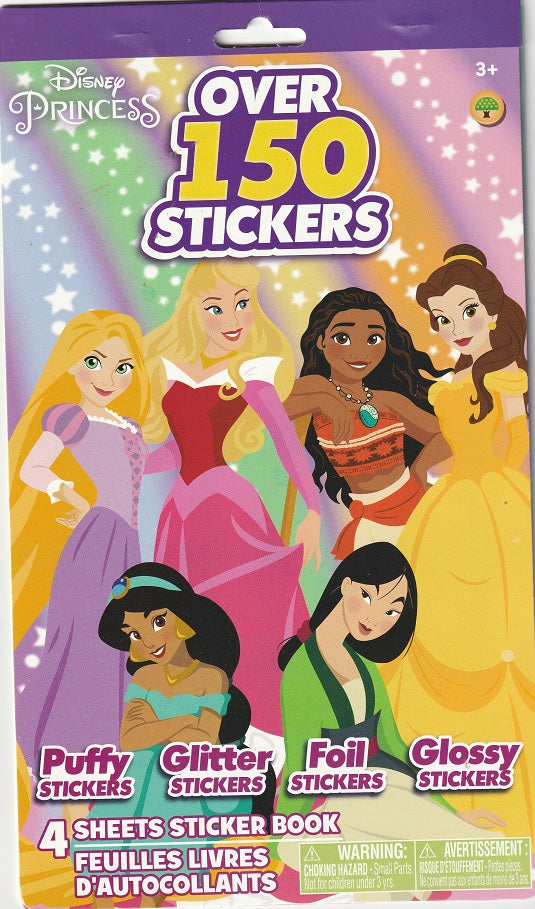 Disney Princess Sticker Book 4 Sheets 150 Stickers Puffy Glitter Foi