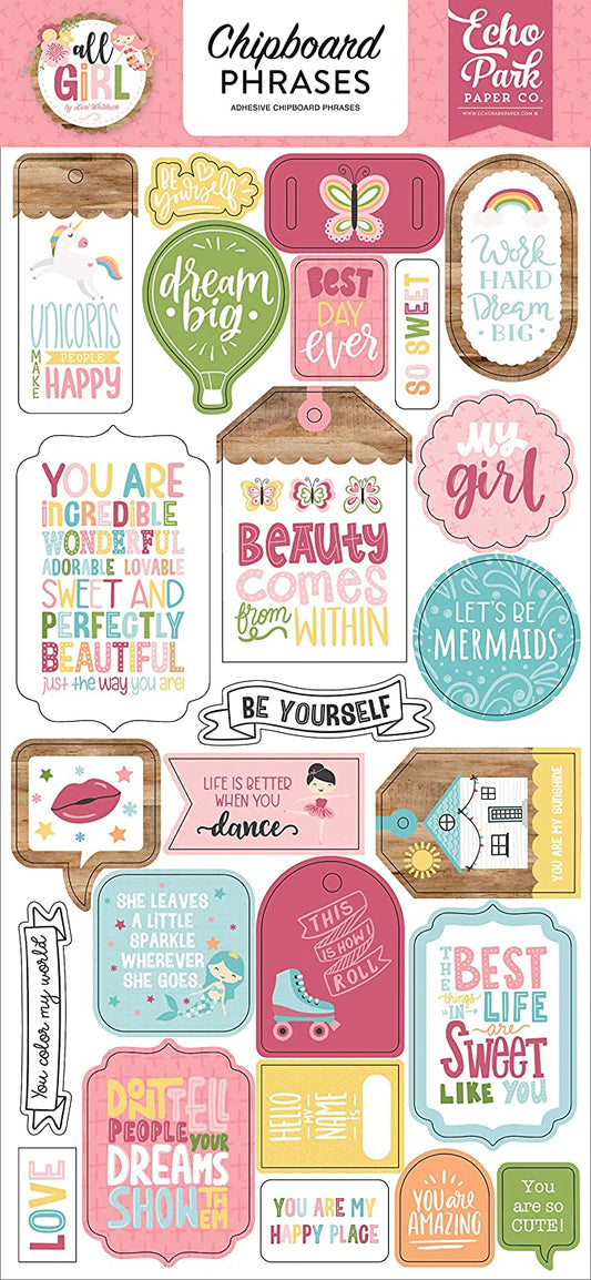 All girl Chipboard Phrases Stickers