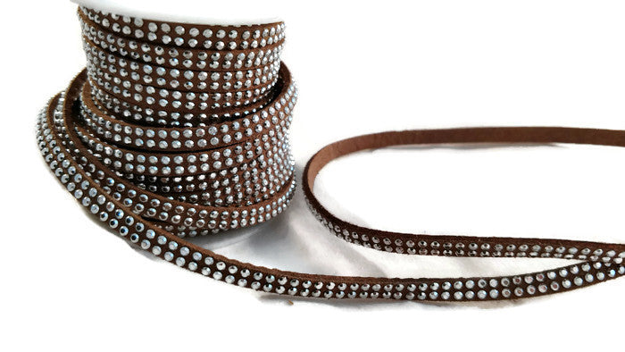 Brown Jewelry Cord with Silvery Acrylic Rhinestones - 3 Yards