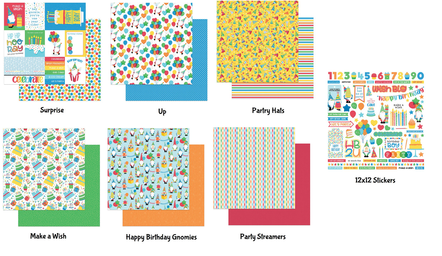 Gnome Norbert Birthday Party 12x12 Scrapbook Paper and Stickers Set