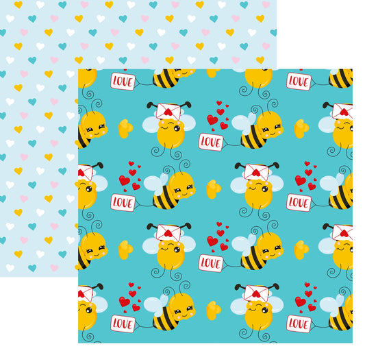 Valentine Bee Scrapbook Paper Blue Print