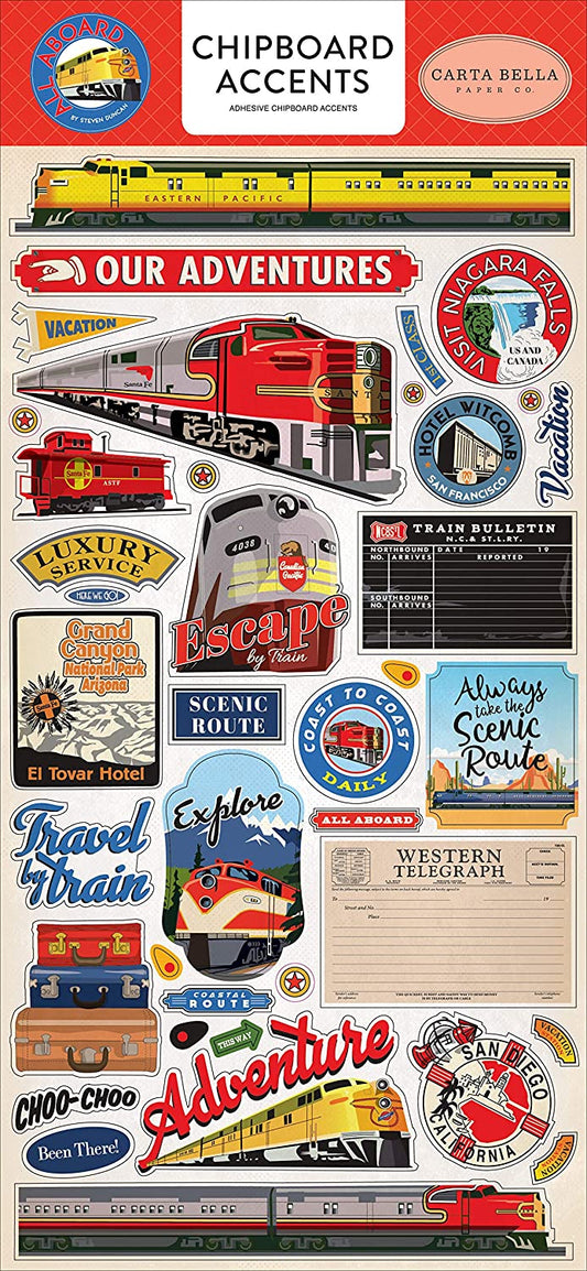 All Aboard Train Chipboard Stickers
