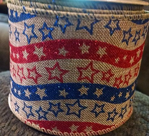 Patriotic Americana Stars & Stripes Printed Burlap Ribbon - 3 Yards Wired Glitter 4th of July