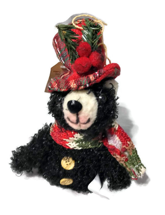 Fluffy Plush Woodland Black Bear with Plaid Top Hat