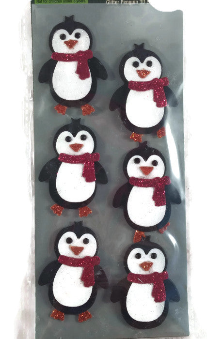 Christmas penguin Stickers 3d Glitter Set of 6