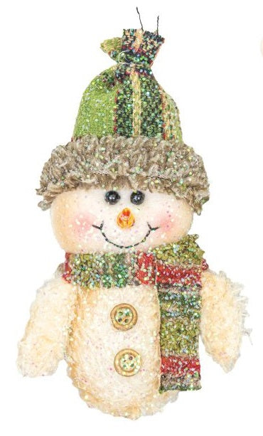 Iridescent Sparkle Snowman Plush Ornament - Green Hat