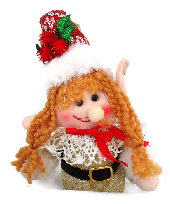 Girl Peppermint Elf Jingle Bell Plush Glitter Ornament Shelf Sitter