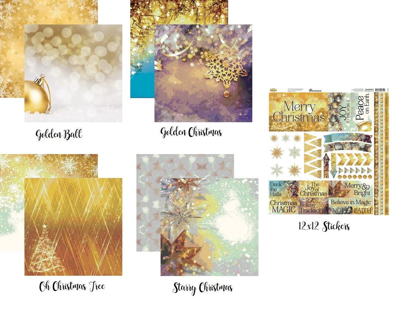 Christmas Gold Scrapbook Paper and Stickers Set