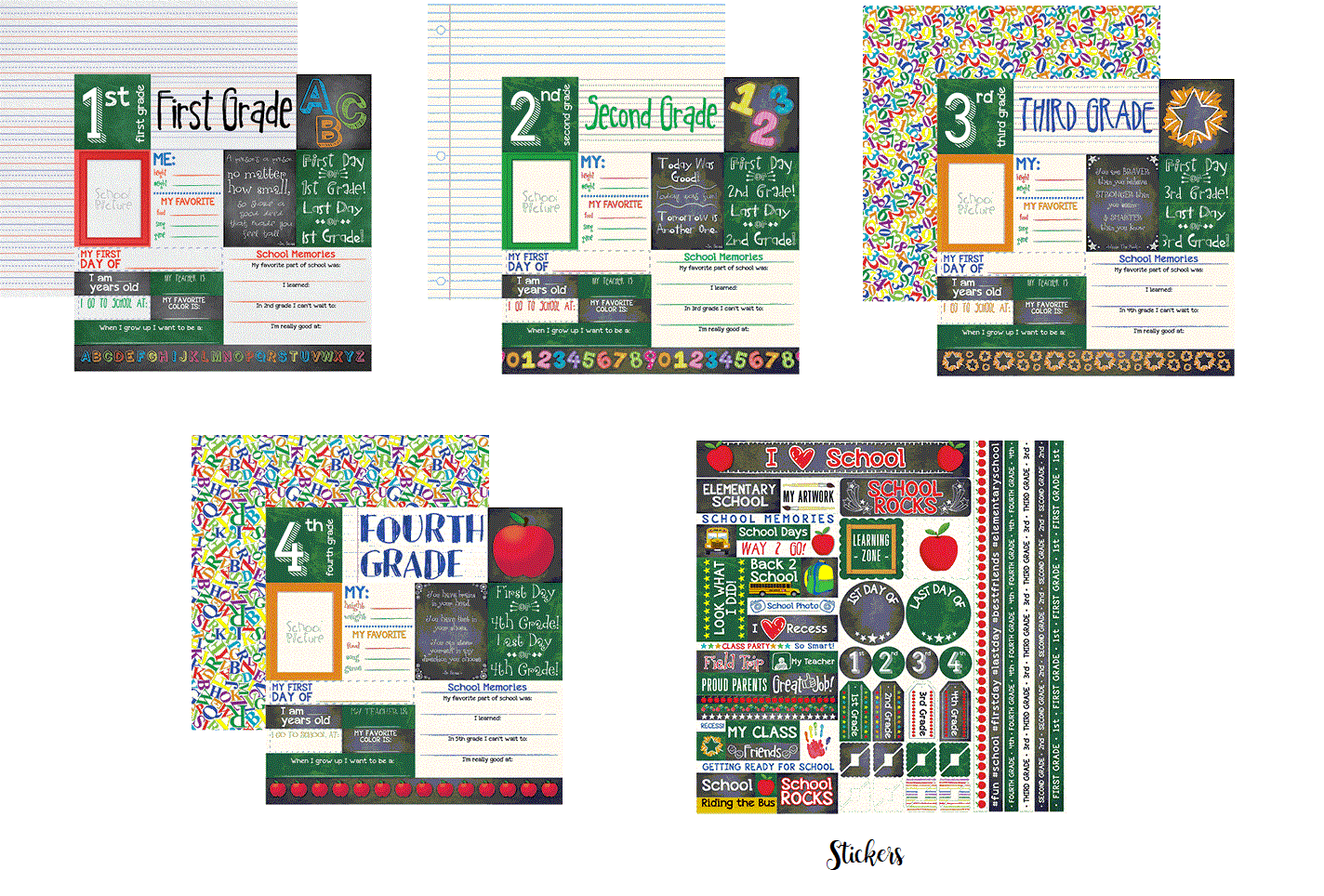 Elementary School Scrapbook Papers and Stickers Set