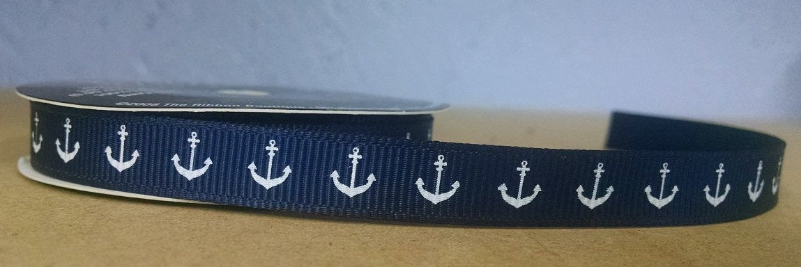 Anchor Nautical Navy Blue/White Grosgrain Ribbon - 4 Yards 3/8In