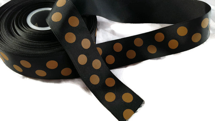 Black with Gold Dots Grosgrain Ribbon - 4 Yards 1 1/2In