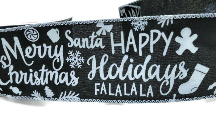 Christmas Words Chalkboard Black and White Ribbon