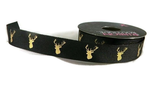 Deer Head Buck Black & Gold Foil Grosgrain Ribbon - 4 Yards