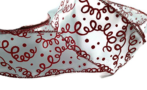 Red White Glitter Doodle Ribbon - Wired - 2.5In Wide - 30 Feet