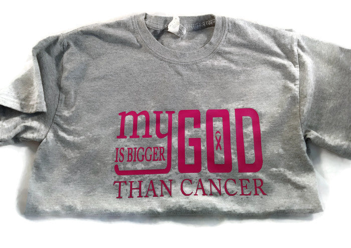 My God is Bigger Than Cancer Womens Short Sleeve Shirt - Gray/Pink
